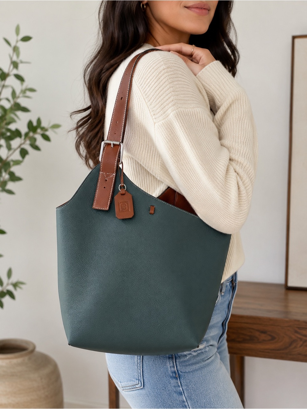 MDBM Maison de Beaute Cholet Bucket Tote Green Brown Shoulder Bag